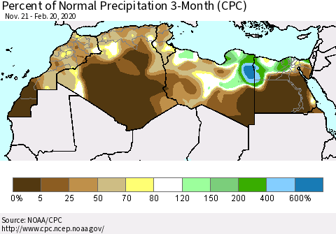 North Africa Percent of Normal Precipitation 3-Month (CPC) Thematic Map For 11/21/2019 - 2/20/2020