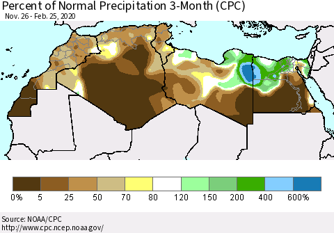 North Africa Percent of Normal Precipitation 3-Month (CPC) Thematic Map For 11/26/2019 - 2/25/2020