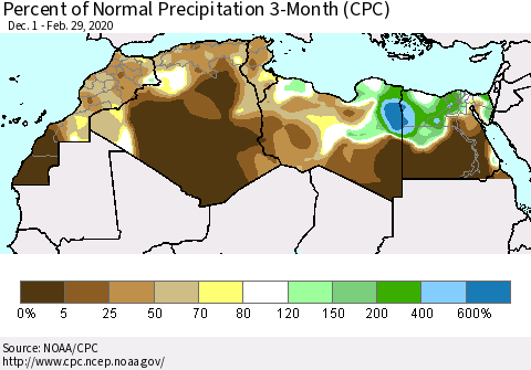 North Africa Percent of Normal Precipitation 3-Month (CPC) Thematic Map For 12/1/2019 - 2/29/2020