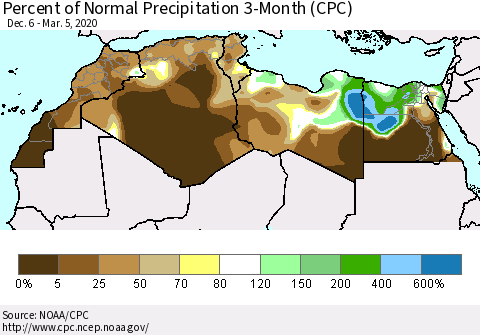 North Africa Percent of Normal Precipitation 3-Month (CPC) Thematic Map For 12/6/2019 - 3/5/2020