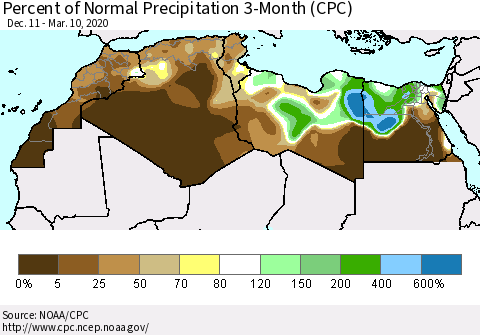 North Africa Percent of Normal Precipitation 3-Month (CPC) Thematic Map For 12/11/2019 - 3/10/2020