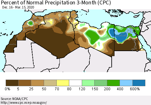 North Africa Percent of Normal Precipitation 3-Month (CPC) Thematic Map For 12/16/2019 - 3/15/2020