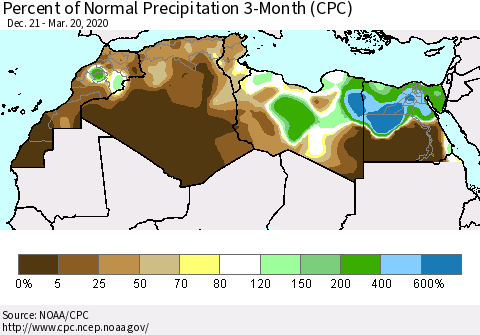 North Africa Percent of Normal Precipitation 3-Month (CPC) Thematic Map For 12/21/2019 - 3/20/2020