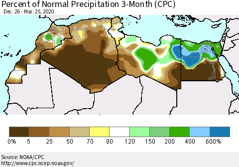 North Africa Percent of Normal Precipitation 3-Month (CPC) Thematic Map For 12/26/2019 - 3/25/2020