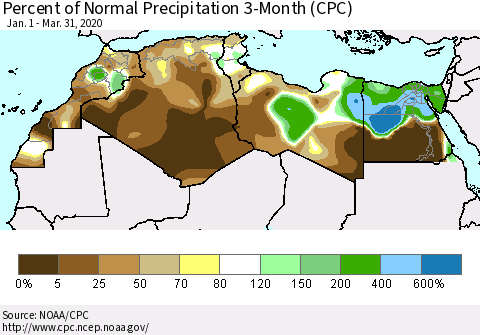 North Africa Percent of Normal Precipitation 3-Month (CPC) Thematic Map For 1/1/2020 - 3/31/2020