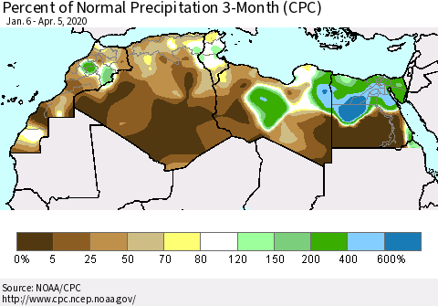 North Africa Percent of Normal Precipitation 3-Month (CPC) Thematic Map For 1/6/2020 - 4/5/2020