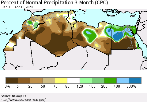 North Africa Percent of Normal Precipitation 3-Month (CPC) Thematic Map For 1/11/2020 - 4/10/2020