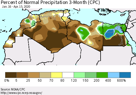 North Africa Percent of Normal Precipitation 3-Month (CPC) Thematic Map For 1/16/2020 - 4/15/2020