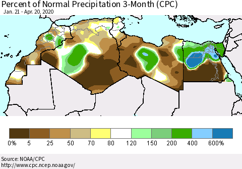 North Africa Percent of Normal Precipitation 3-Month (CPC) Thematic Map For 1/21/2020 - 4/20/2020