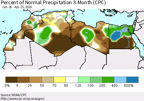 North Africa Percent of Normal Precipitation 3-Month (CPC) Thematic Map For 1/26/2020 - 4/25/2020
