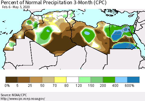 North Africa Percent of Normal Precipitation 3-Month (CPC) Thematic Map For 2/6/2020 - 5/5/2020
