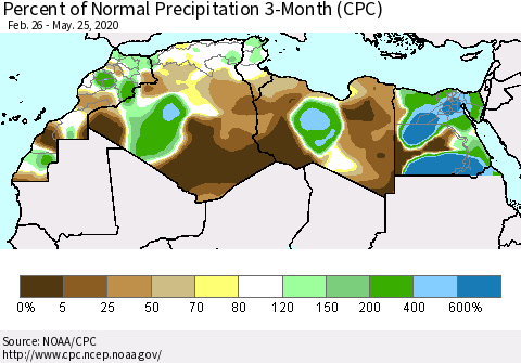 North Africa Percent of Normal Precipitation 3-Month (CPC) Thematic Map For 2/26/2020 - 5/25/2020