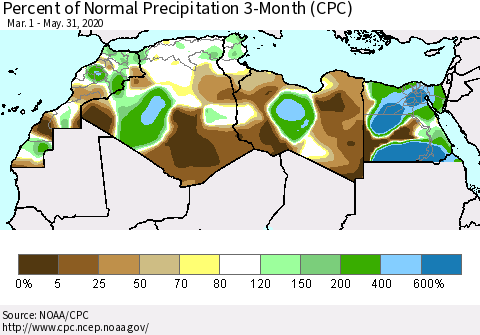 North Africa Percent of Normal Precipitation 3-Month (CPC) Thematic Map For 3/1/2020 - 5/31/2020