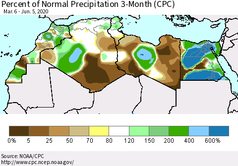 North Africa Percent of Normal Precipitation 3-Month (CPC) Thematic Map For 3/6/2020 - 6/5/2020
