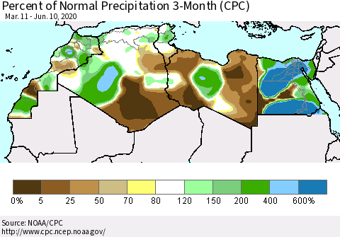 North Africa Percent of Normal Precipitation 3-Month (CPC) Thematic Map For 3/11/2020 - 6/10/2020