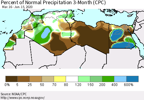 North Africa Percent of Normal Precipitation 3-Month (CPC) Thematic Map For 3/16/2020 - 6/15/2020
