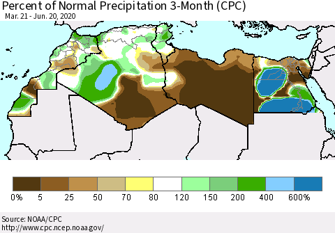 North Africa Percent of Normal Precipitation 3-Month (CPC) Thematic Map For 3/21/2020 - 6/20/2020