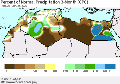North Africa Percent of Normal Precipitation 3-Month (CPC) Thematic Map For 3/26/2020 - 6/25/2020