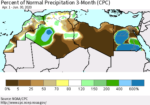 North Africa Percent of Normal Precipitation 3-Month (CPC) Thematic Map For 4/1/2020 - 6/30/2020