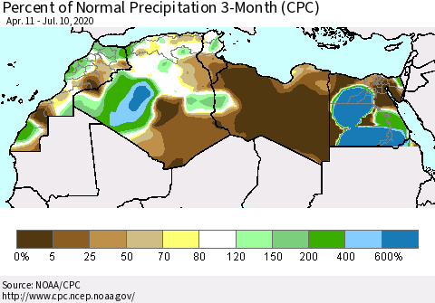 North Africa Percent of Normal Precipitation 3-Month (CPC) Thematic Map For 4/11/2020 - 7/10/2020