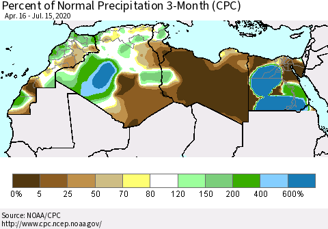 North Africa Percent of Normal Precipitation 3-Month (CPC) Thematic Map For 4/16/2020 - 7/15/2020