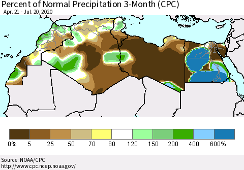 North Africa Percent of Normal Precipitation 3-Month (CPC) Thematic Map For 4/21/2020 - 7/20/2020