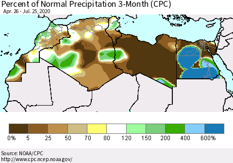 North Africa Percent of Normal Precipitation 3-Month (CPC) Thematic Map For 4/26/2020 - 7/25/2020