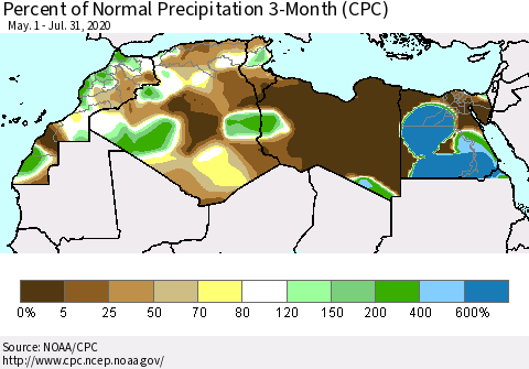 North Africa Percent of Normal Precipitation 3-Month (CPC) Thematic Map For 5/1/2020 - 7/31/2020
