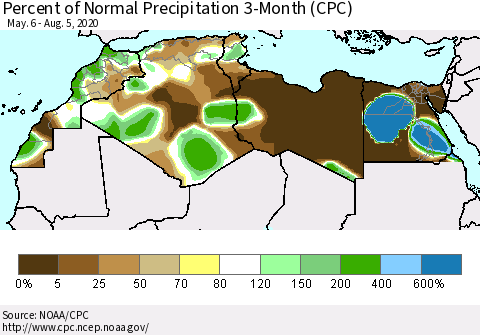 North Africa Percent of Normal Precipitation 3-Month (CPC) Thematic Map For 5/6/2020 - 8/5/2020