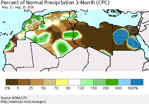 North Africa Percent of Normal Precipitation 3-Month (CPC) Thematic Map For 5/11/2020 - 8/10/2020