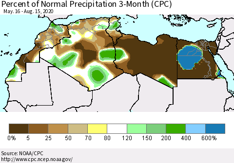 North Africa Percent of Normal Precipitation 3-Month (CPC) Thematic Map For 5/16/2020 - 8/15/2020