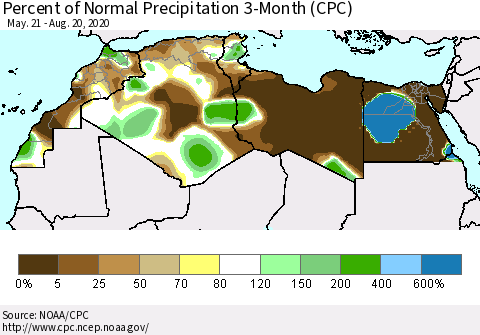 North Africa Percent of Normal Precipitation 3-Month (CPC) Thematic Map For 5/21/2020 - 8/20/2020