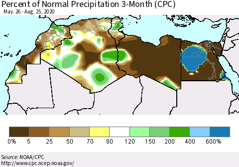 North Africa Percent of Normal Precipitation 3-Month (CPC) Thematic Map For 5/26/2020 - 8/25/2020