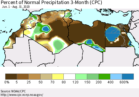 North Africa Percent of Normal Precipitation 3-Month (CPC) Thematic Map For 6/1/2020 - 8/31/2020