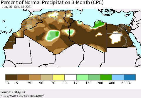 North Africa Percent of Normal Precipitation 3-Month (CPC) Thematic Map For 6/16/2021 - 9/15/2021