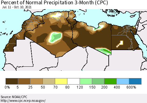 North Africa Percent of Normal Precipitation 3-Month (CPC) Thematic Map For 7/11/2021 - 10/10/2021