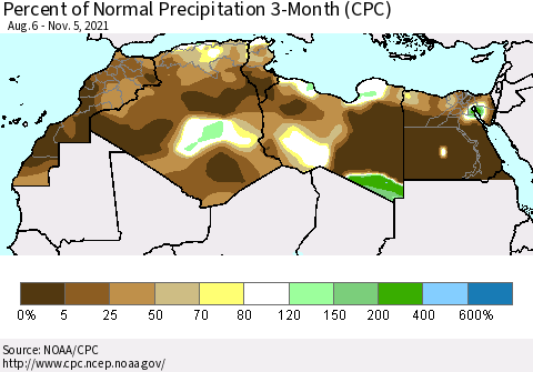 North Africa Percent of Normal Precipitation 3-Month (CPC) Thematic Map For 8/6/2021 - 11/5/2021