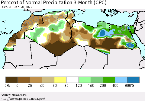 North Africa Percent of Normal Precipitation 3-Month (CPC) Thematic Map For 10/21/2021 - 1/20/2022