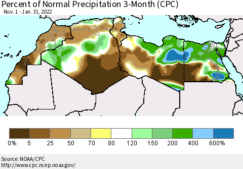 North Africa Percent of Normal Precipitation 3-Month (CPC) Thematic Map For 11/1/2021 - 1/31/2022