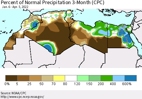 North Africa Percent of Normal Precipitation 3-Month (CPC) Thematic Map For 1/6/2022 - 4/5/2022