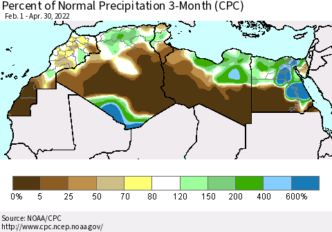North Africa Percent of Normal Precipitation 3-Month (CPC) Thematic Map For 2/1/2022 - 4/30/2022