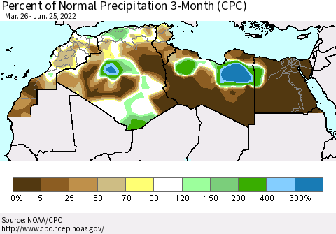 North Africa Percent of Normal Precipitation 3-Month (CPC) Thematic Map For 3/26/2022 - 6/25/2022