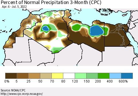 North Africa Percent of Normal Precipitation 3-Month (CPC) Thematic Map For 4/6/2022 - 7/5/2022