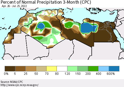 North Africa Percent of Normal Precipitation 3-Month (CPC) Thematic Map For 4/26/2022 - 7/25/2022