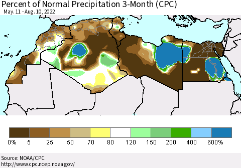 North Africa Percent of Normal Precipitation 3-Month (CPC) Thematic Map For 5/11/2022 - 8/10/2022