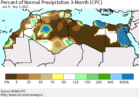 North Africa Percent of Normal Precipitation 3-Month (CPC) Thematic Map For 6/6/2022 - 9/5/2022
