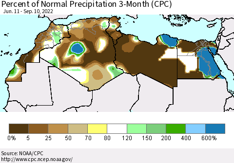 North Africa Percent of Normal Precipitation 3-Month (CPC) Thematic Map For 6/11/2022 - 9/10/2022