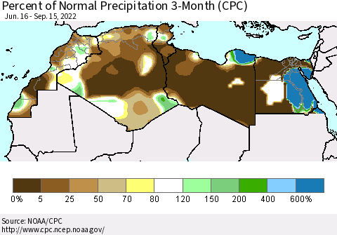 North Africa Percent of Normal Precipitation 3-Month (CPC) Thematic Map For 6/16/2022 - 9/15/2022