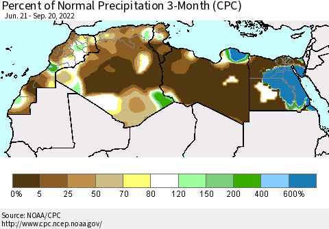 North Africa Percent of Normal Precipitation 3-Month (CPC) Thematic Map For 6/21/2022 - 9/20/2022