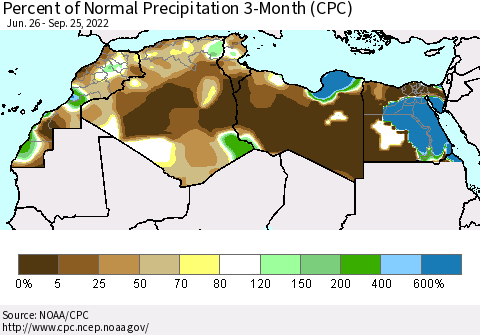 North Africa Percent of Normal Precipitation 3-Month (CPC) Thematic Map For 6/26/2022 - 9/25/2022